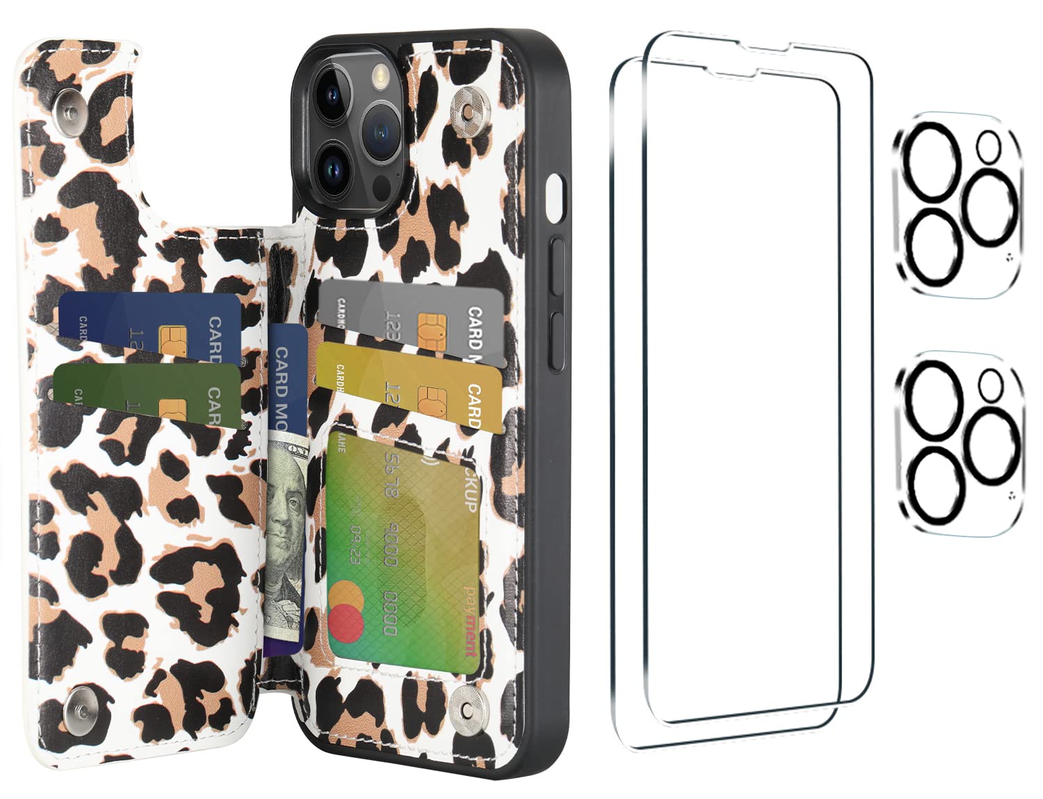 Uluck[5 In 1 For Iphone 14 Pro Max Wallet Case With Card Holder,2 Screen Protector&Camera Lens Protector,Pu Leather Kickstand Ca